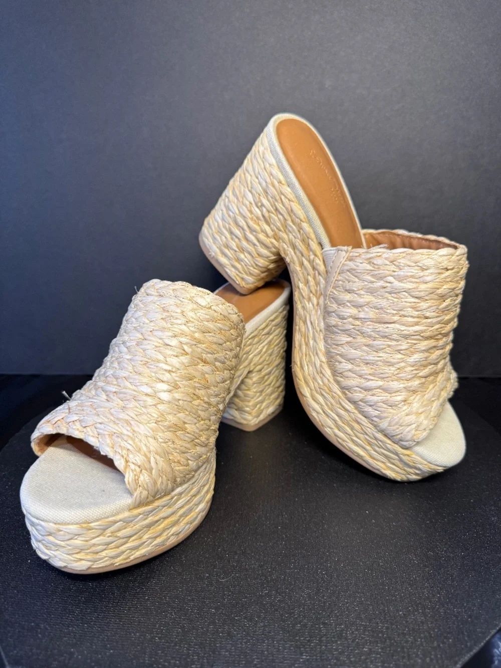 Raffia Platform Mule Heels Size 6 Woven Straw Slide Sandals